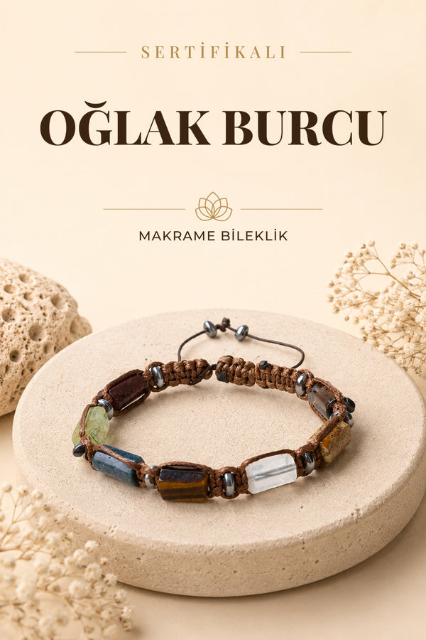 SERTİFİKALI Oğlak Burcu Doğal Taş Makrome Ayarlanabilir Bileklik