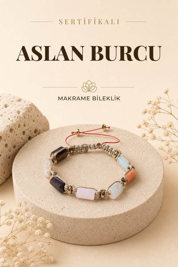 SERTİFİKALI Aslan Burcu Doğal Taş Makrome Ayarlanabilir Bileklik