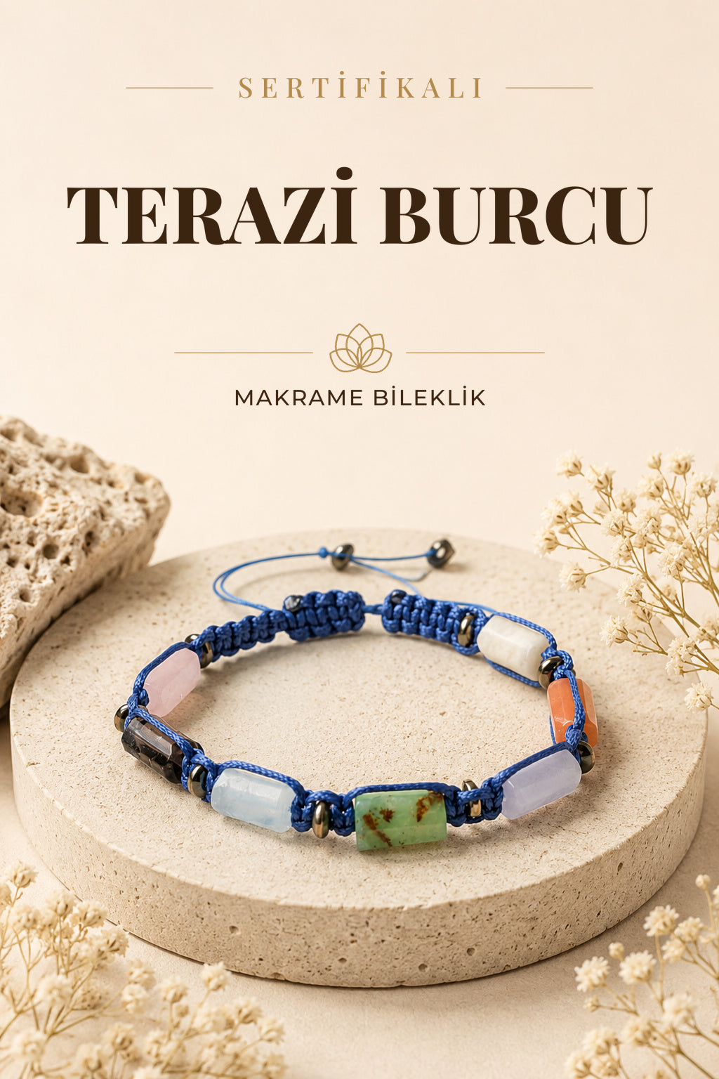 SERTİFİKALI Terazi Burcu Doğal Taş Makrome Ayarlanabilir Bileklik