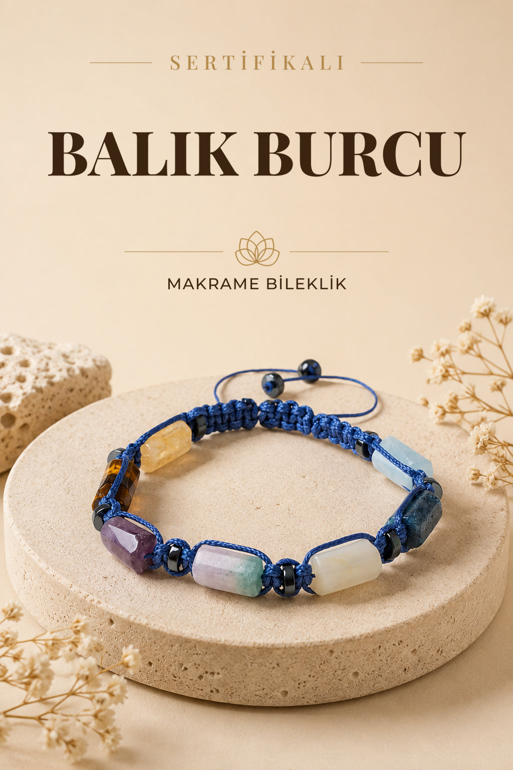 SERTİFİKALI Balık Burcu Doğal Taş Makrome Ayarlanabilir Bileklik