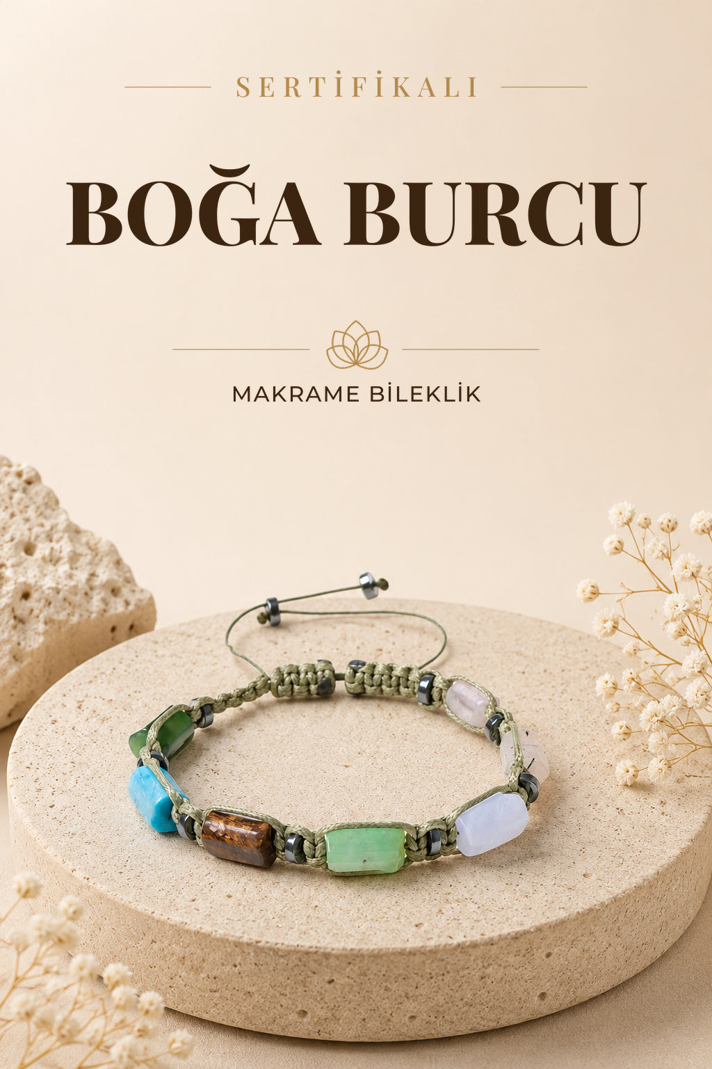 SERTİFİKALI Boğa Burcu Doğal Taş Makrome Ayarlanabilir Bileklik