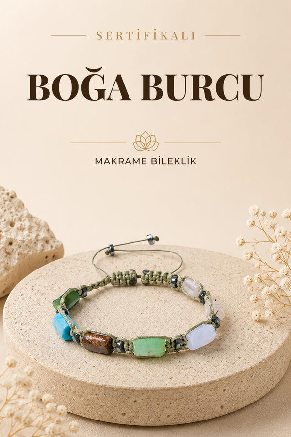 SERTİFİKALI Boğa Burcu Doğal Taş Makrome Ayarlanabilir Bileklik