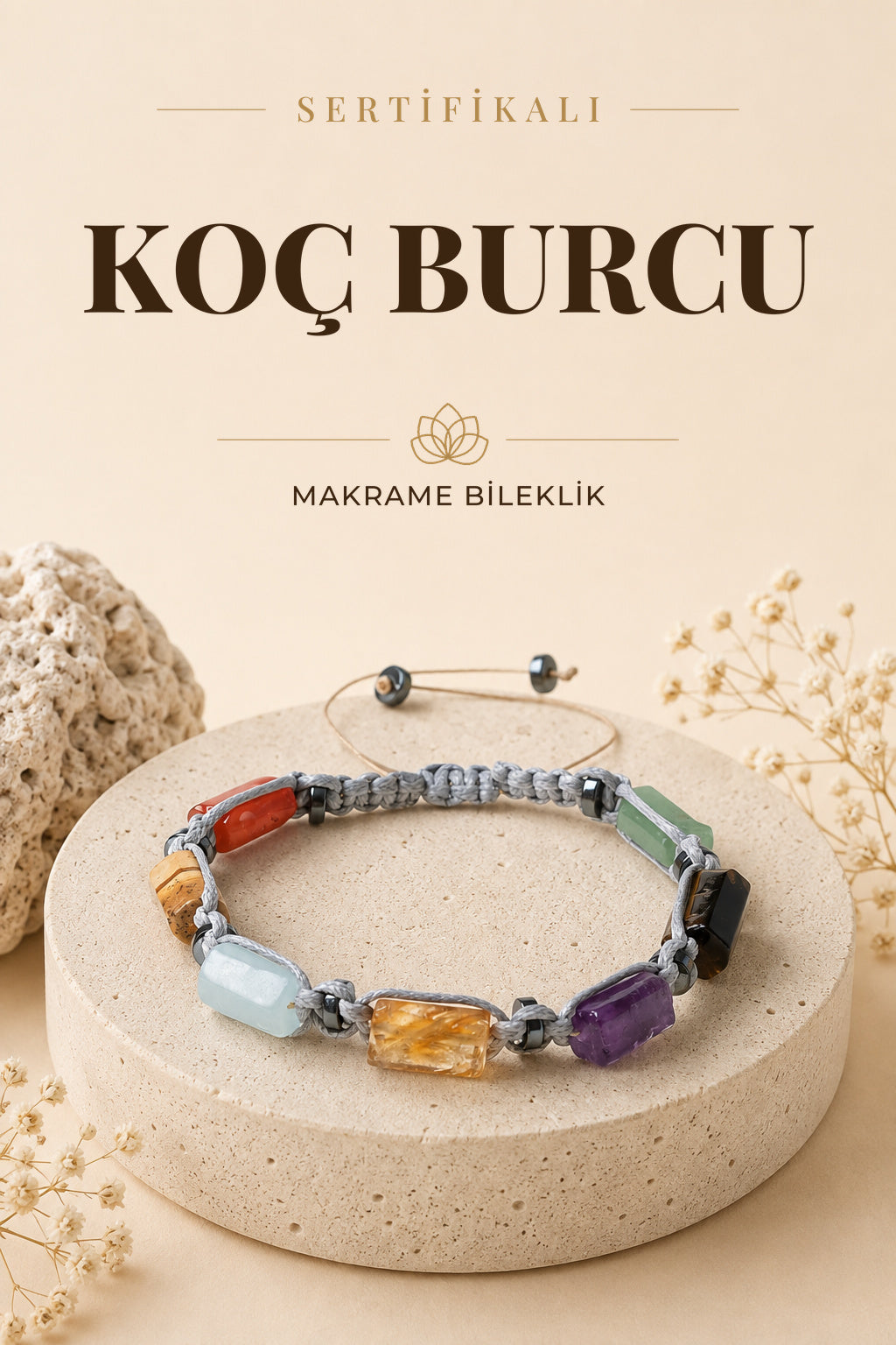 SERTİFİKALI Koç Burcu Doğal Taş Makrome Ayarlanabilir Bileklik