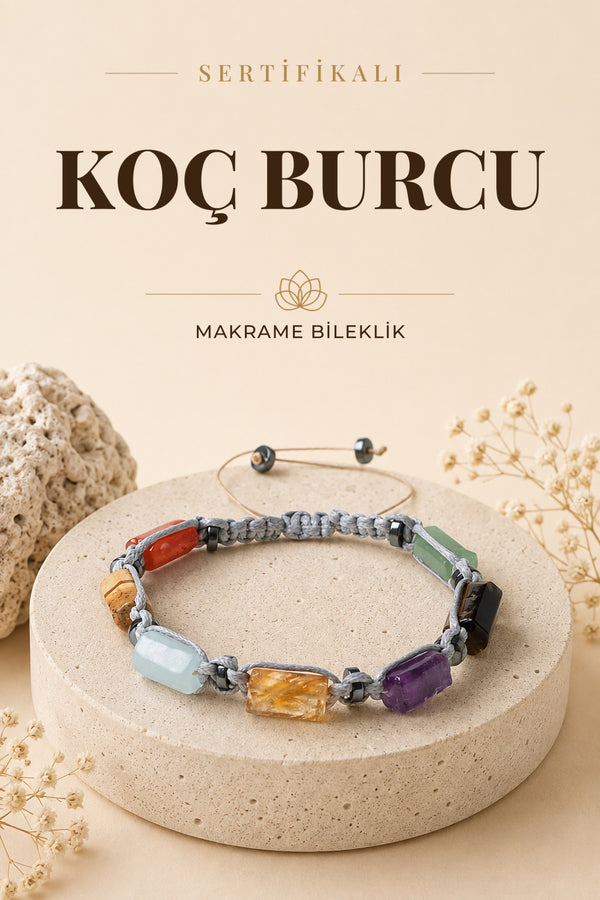 SERTİFİKALI Koç Burcu Doğal Taş Makrome Ayarlanabilir Bileklik