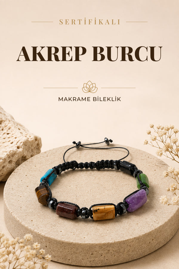 SERTİFİKALI Akrep Burcu Doğal Taş Makrome Ayarlanabilir Bileklik
