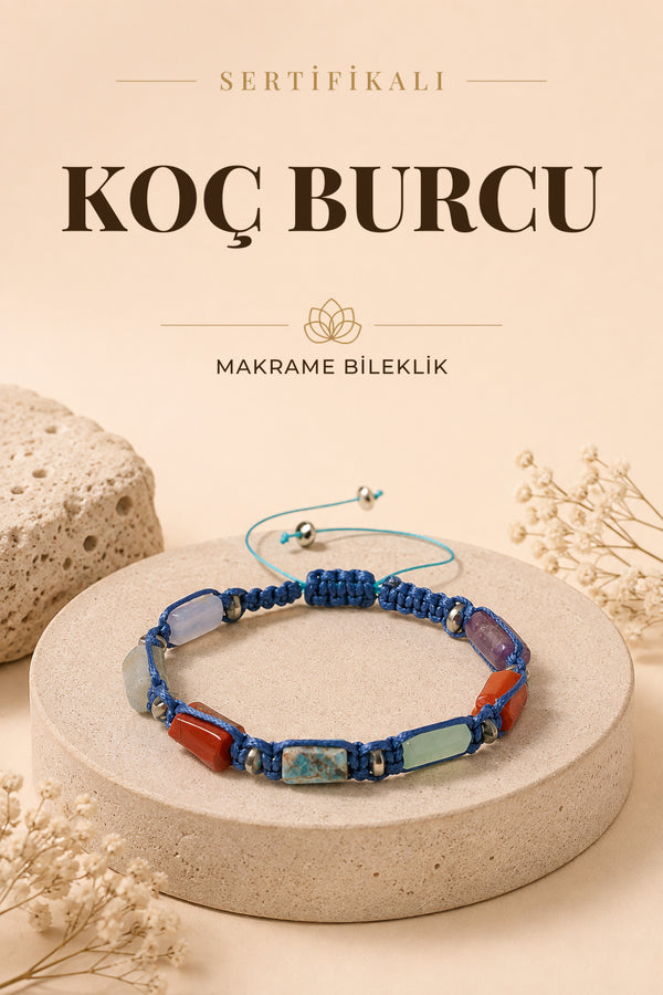 Sertifikalı Koç Burcu Doğal Taş Makrome Ayarlanabilir Bileklik