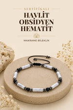SERTİFİKALI Havlit Obsidyen Hematit Doğal Taş Makrome Ayarlanabilir Bileklik