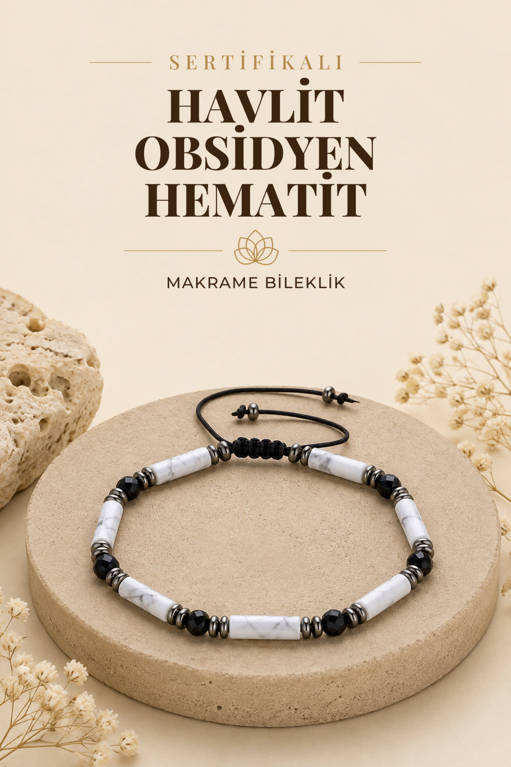 SERTİFİKALI Havlit Obsidyen Hematit Doğal Taş Makrome Ayarlanabilir Bileklik