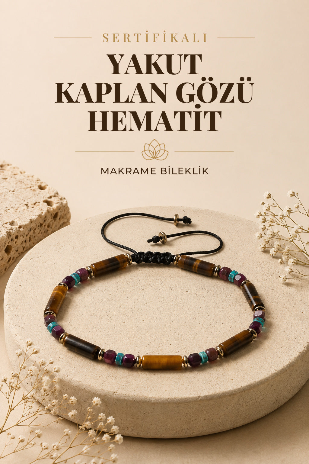 SERTİFİKALI Yakut Kaplan Gözü Hematit Doğal Taş Makrome Ayarlanabilir Bileklik