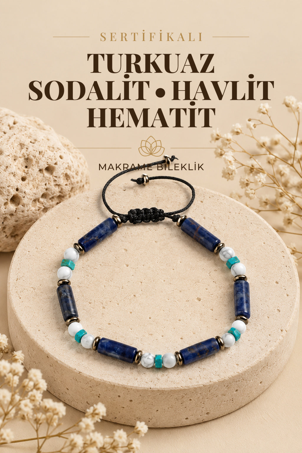 SERTİFİKALI Turkuaz Sodalit Havlit Hematit Doğal Taş Makrome Ayarlanabilir Bileklik