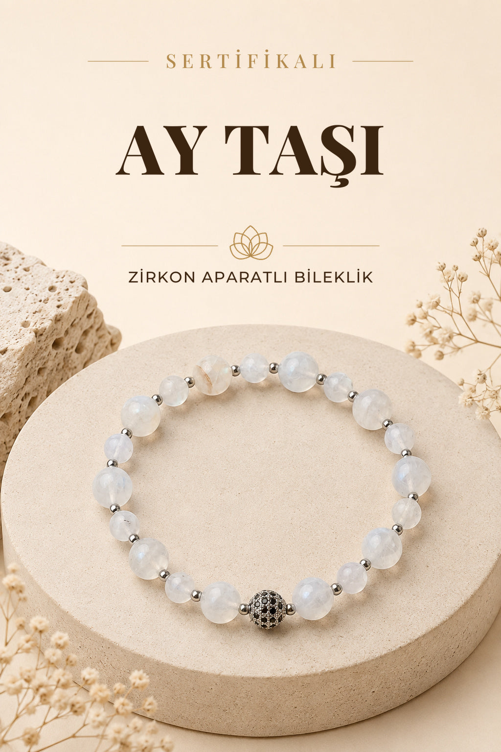 SERTİFİKALI Ay taşı Doğal Taş Zirkon Aparat Bileklik 6-8 mm