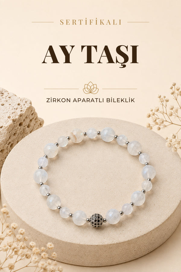 SERTİFİKALI Ay taşı Doğal Taş Zirkon Aparat Bileklik 6-8 mm