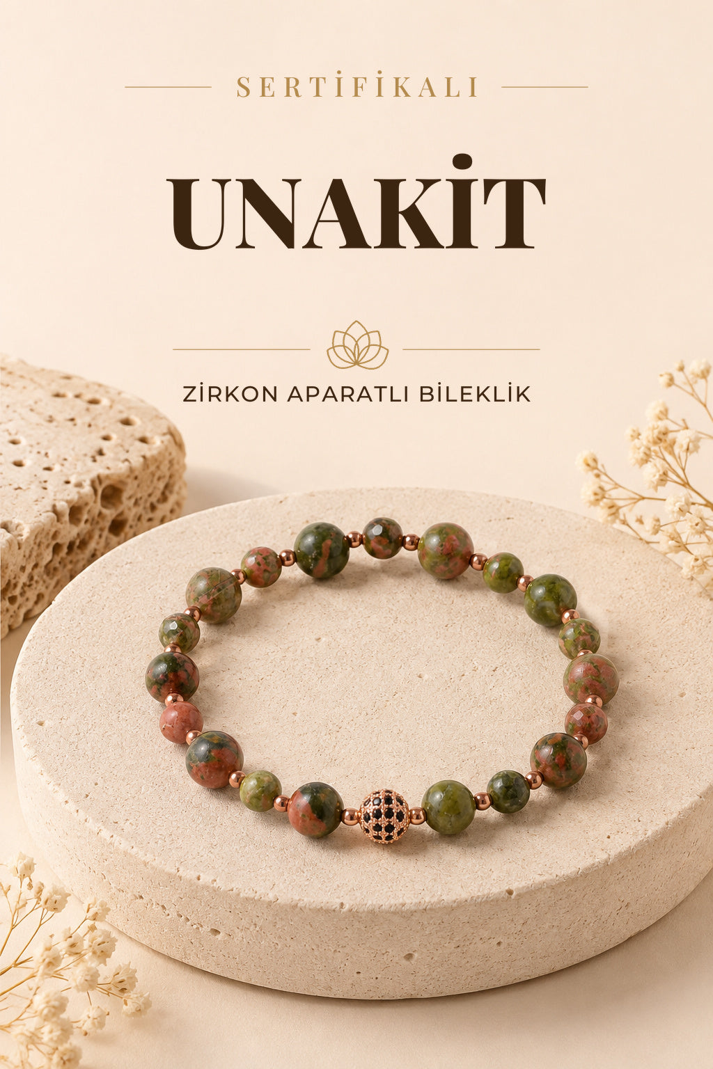 SERTİFİKALI Unakit Doğal Taş Zirkon Aparat Bileklik 6-8 mm