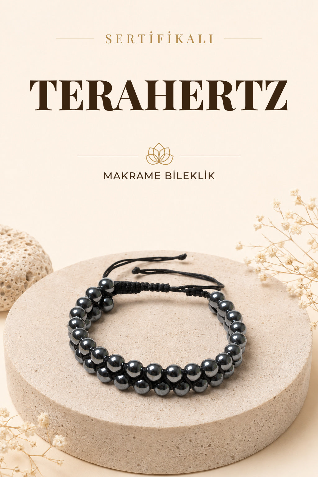 SERTİFİKALI Tehartz Doğal Taş Makrome ayarlanabilir çift sıra Bileklik