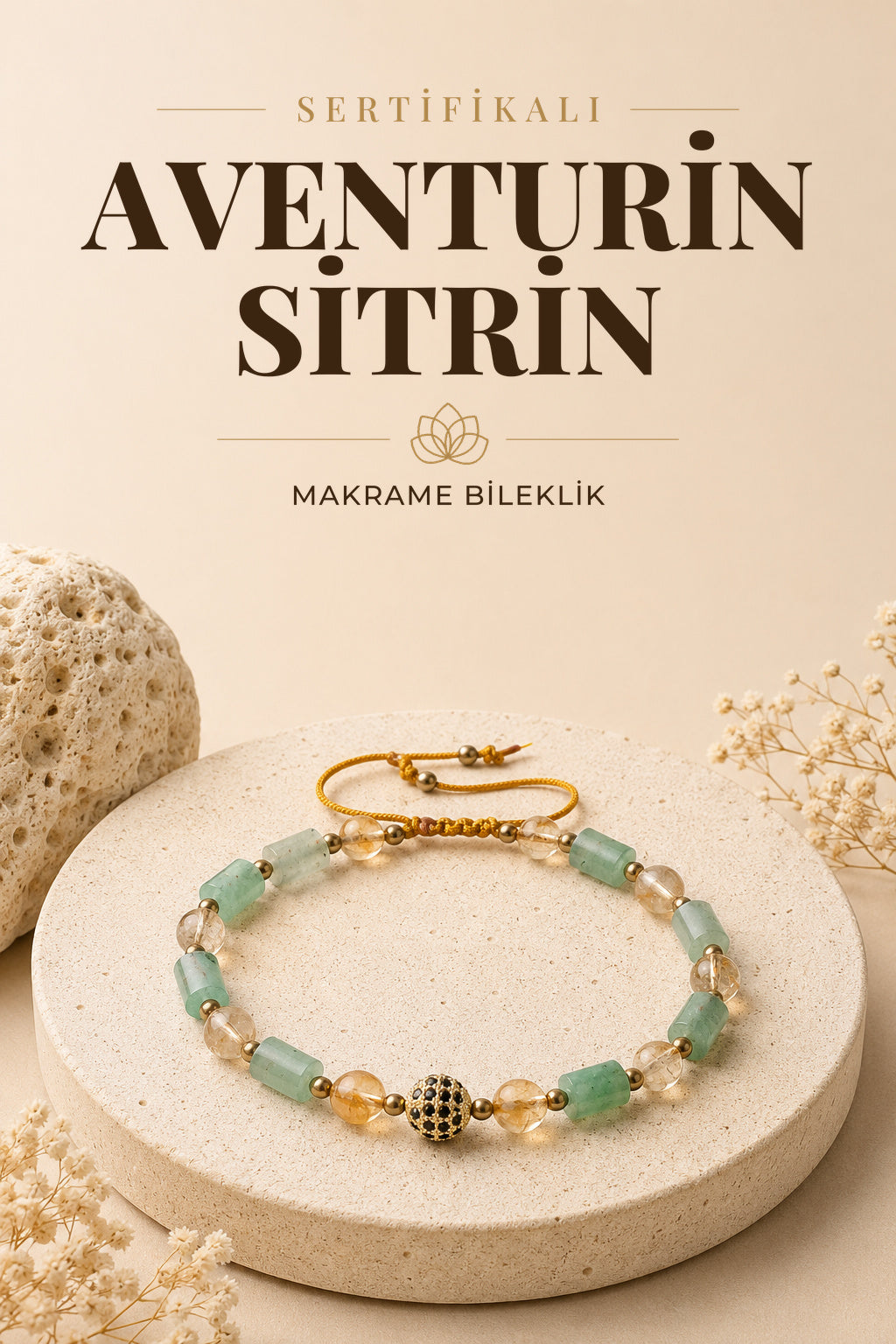 Sertifikalı Aventurin, Sitrin ve Zirkon Aparat Doğal Taş Makrome Ayarlanabilir Bileklik (6 mm)