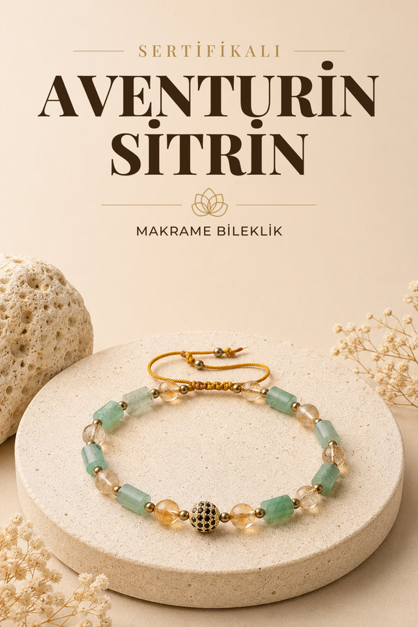 Sertifikalı Aventurin, Sitrin ve Zirkon Aparat Doğal Taş Makrome Ayarlanabilir Bileklik (6 mm)