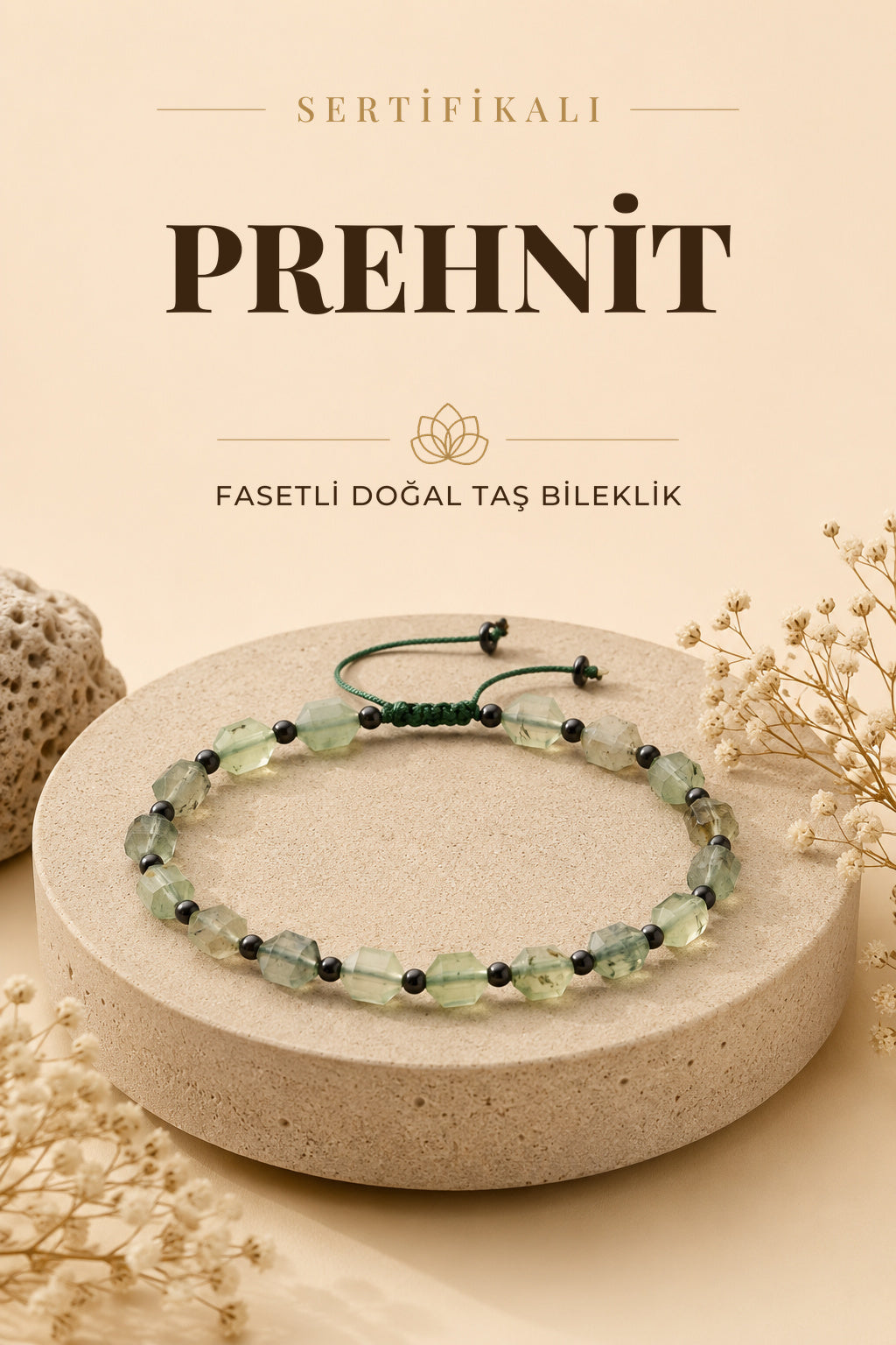 SERTİFİKALI Prehnit Fasetli Doğal Taş Özel Kesim Bileklik 6 mm