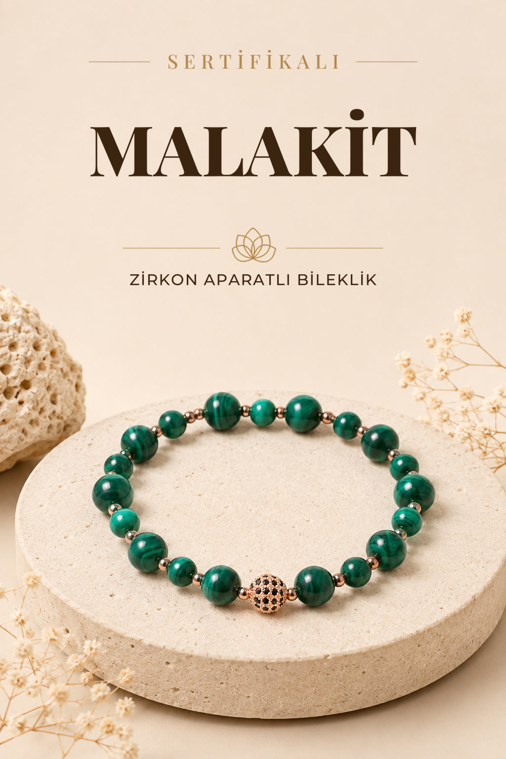 SERTİFİKALI Malahite Doğal Taş Zirkon Aparat Bileklik 6-8 mm