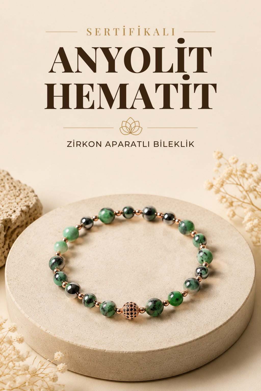 SERTİFİKALI Anyolit Hematit Zirkon Aparat Doğal Taş Bileklik