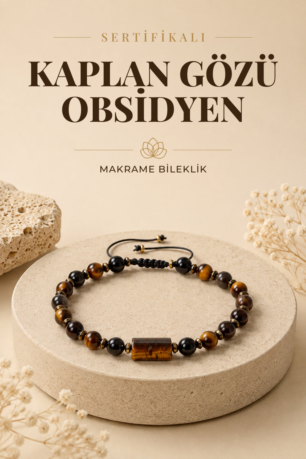 SERTİFİKALI Kaplan Gözü Obsidyen Doğal Taş Makrome Bileklik