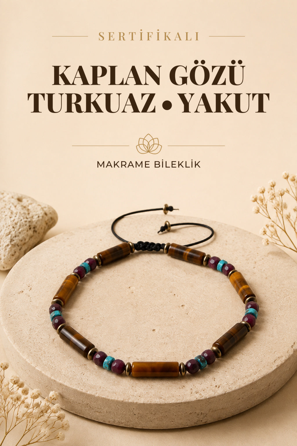 SERTİFİKALI Kaplan Gözü Turkuaz Yakut Doğal Taş Makrome Bileklik