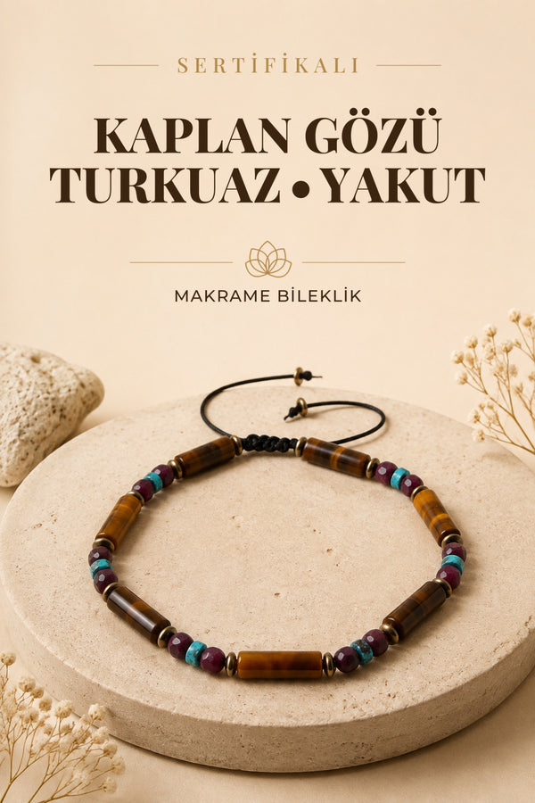 SERTİFİKALI Kaplan Gözü Turkuaz Yakut Doğal Taş Makrome Bileklik