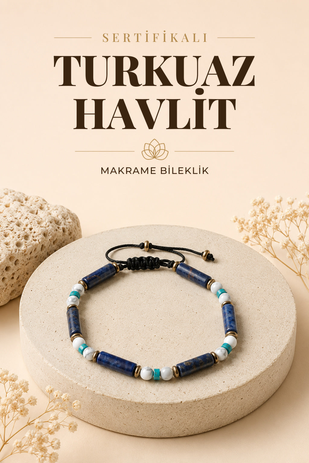 SERTİFİKALI Sodalite Turkuaz Havlit Doğal Taş Makrome Bileklik 4 mm