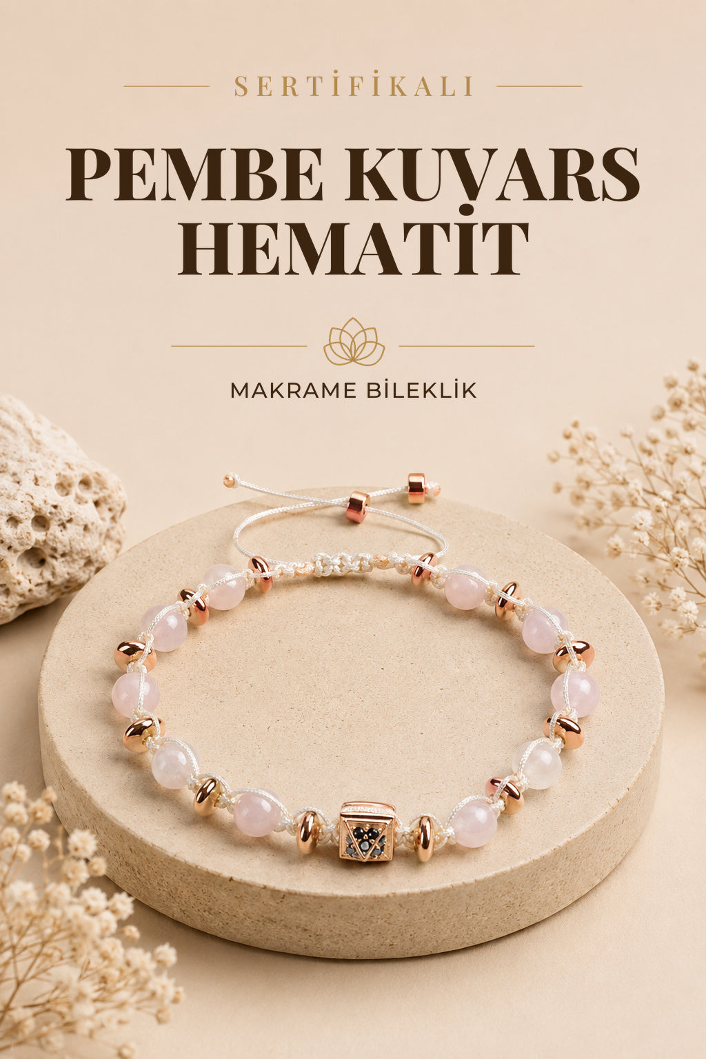 SERTİFİKALI Pembe kuvars - hematit Doğal Taş Makrome Ayarlanabilir Bileklik