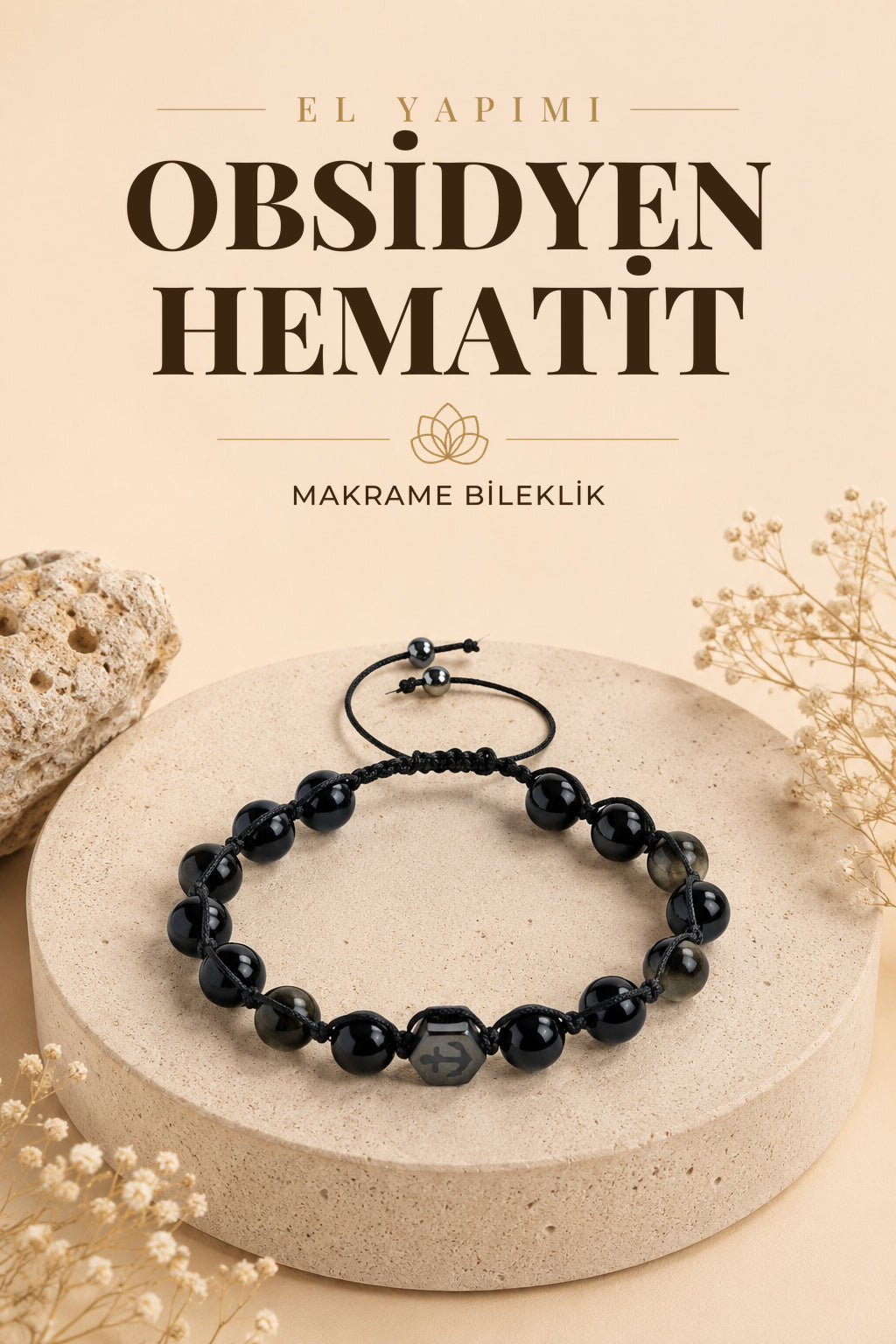STANDART obsidyen - hematit Doğal Taş Makrome Ayarlanabilir Bileklik