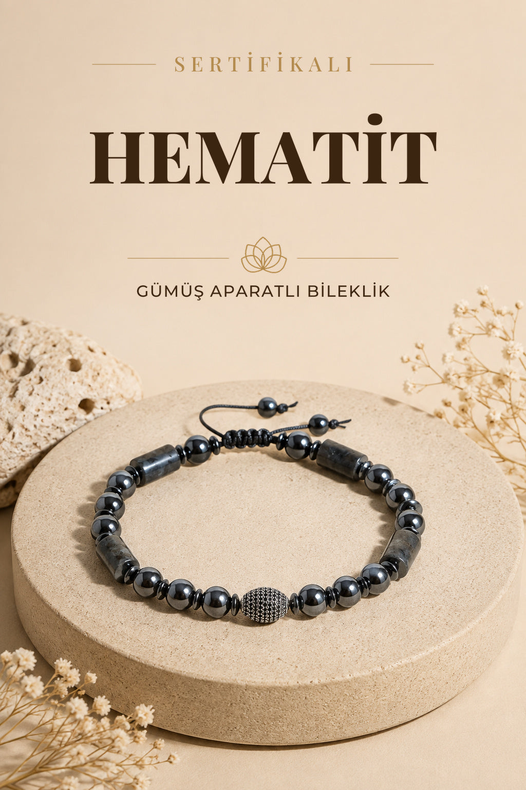 SERTİFİKALI hematit - dumortierid Doğal Taş Gümüş Aparatlı Bileklik