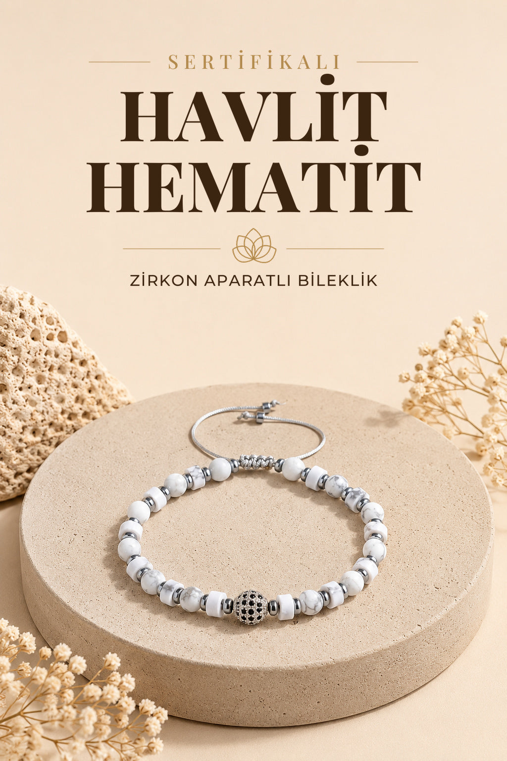 SERTİFİKALI havlit - hematit Doğal Taş Zirkon Aparatlı Bileklik