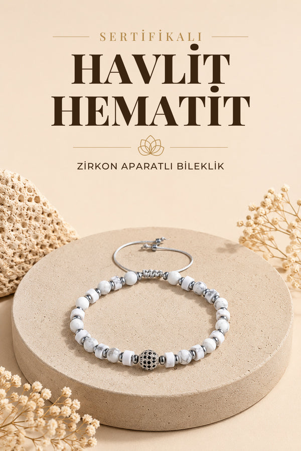 SERTİFİKALI havlit - hematit Doğal Taş Zirkon Aparatlı Bileklik