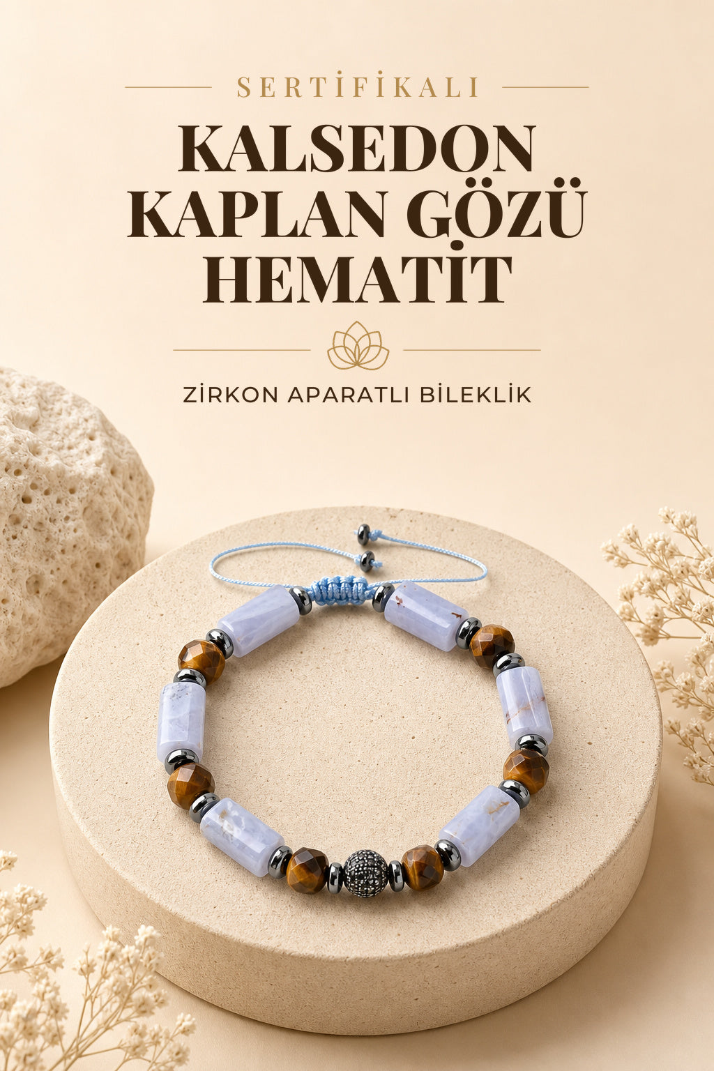 SERTİFİKALI kalsedon - kaplan gözü - hematit Doğal taş Zirkon Aparatlı Bileklik