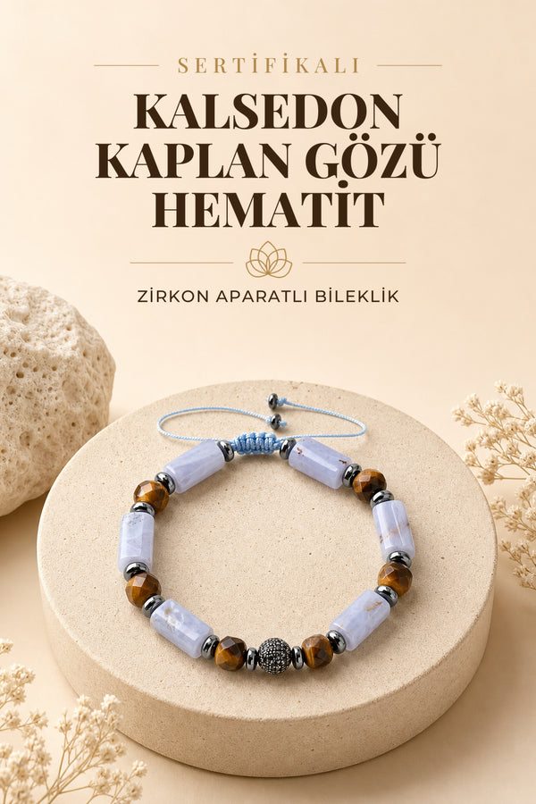 SERTİFİKALI kalsedon - kaplan gözü - hematit Doğal taş Zirkon Aparatlı Bileklik