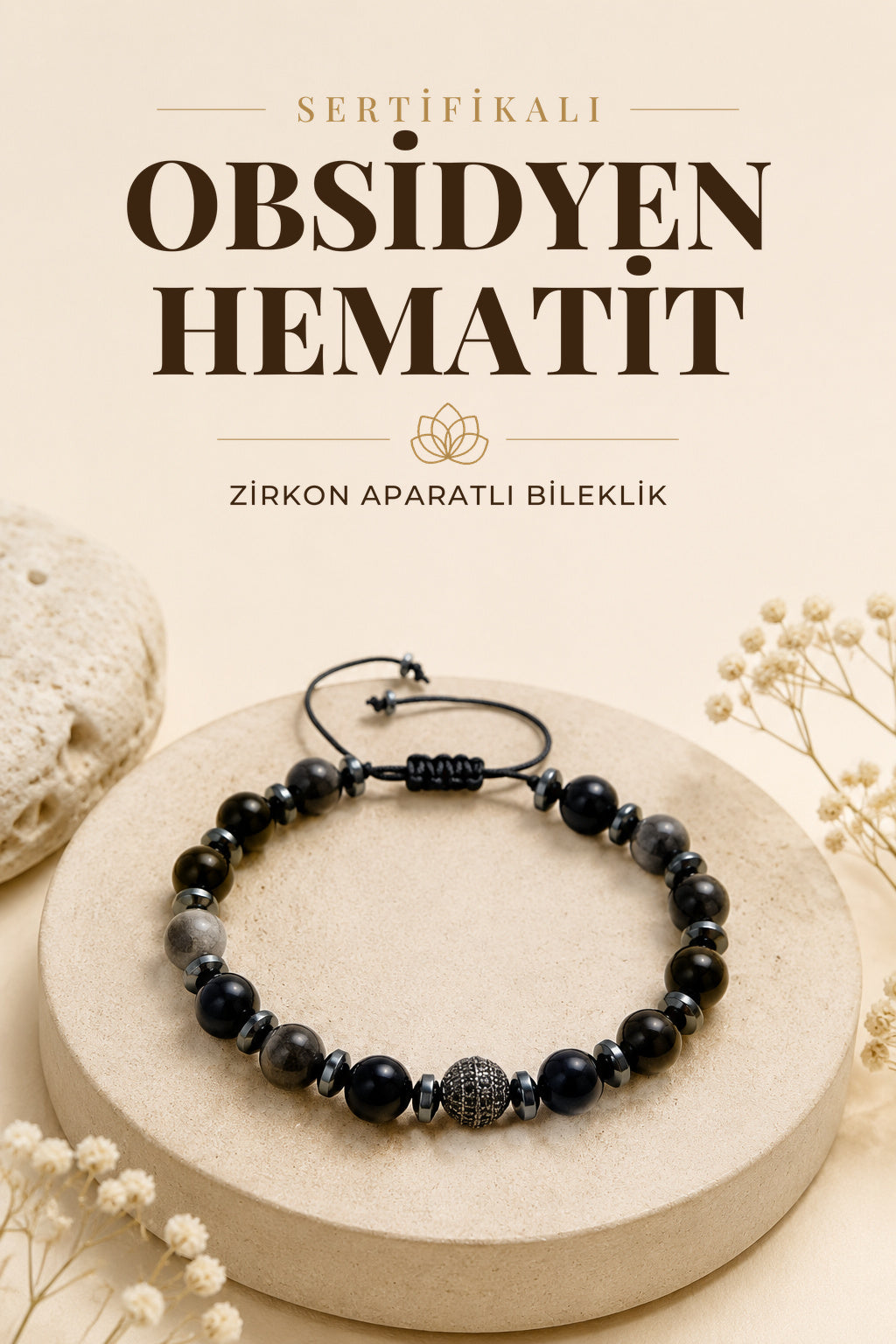 Sertifikalı obsidyen - hematit zirkon aparatlı Doğal Taş Bileklik