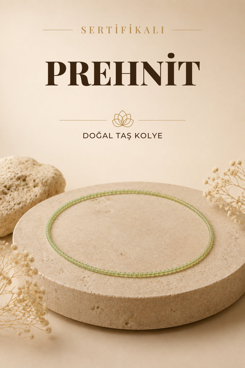 Sertifikalı Prehnit Doğal Taşı Minimal Tasarım Kolye