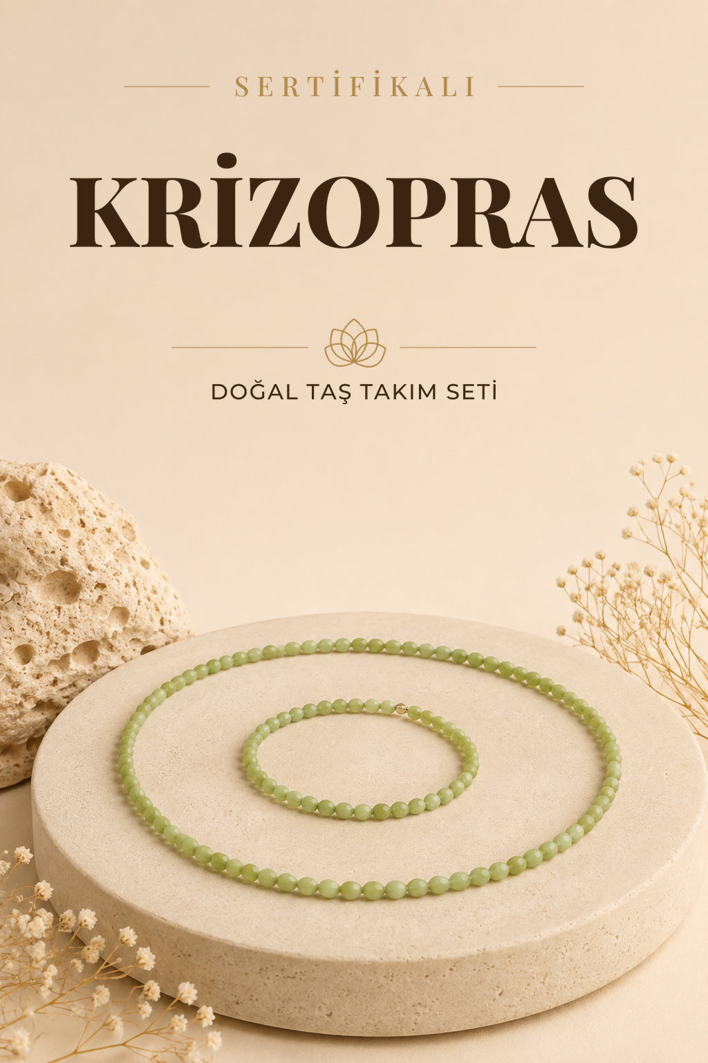 Sertifikalı Krizopras Doğal Taş Kolye ve Bileklik Seti