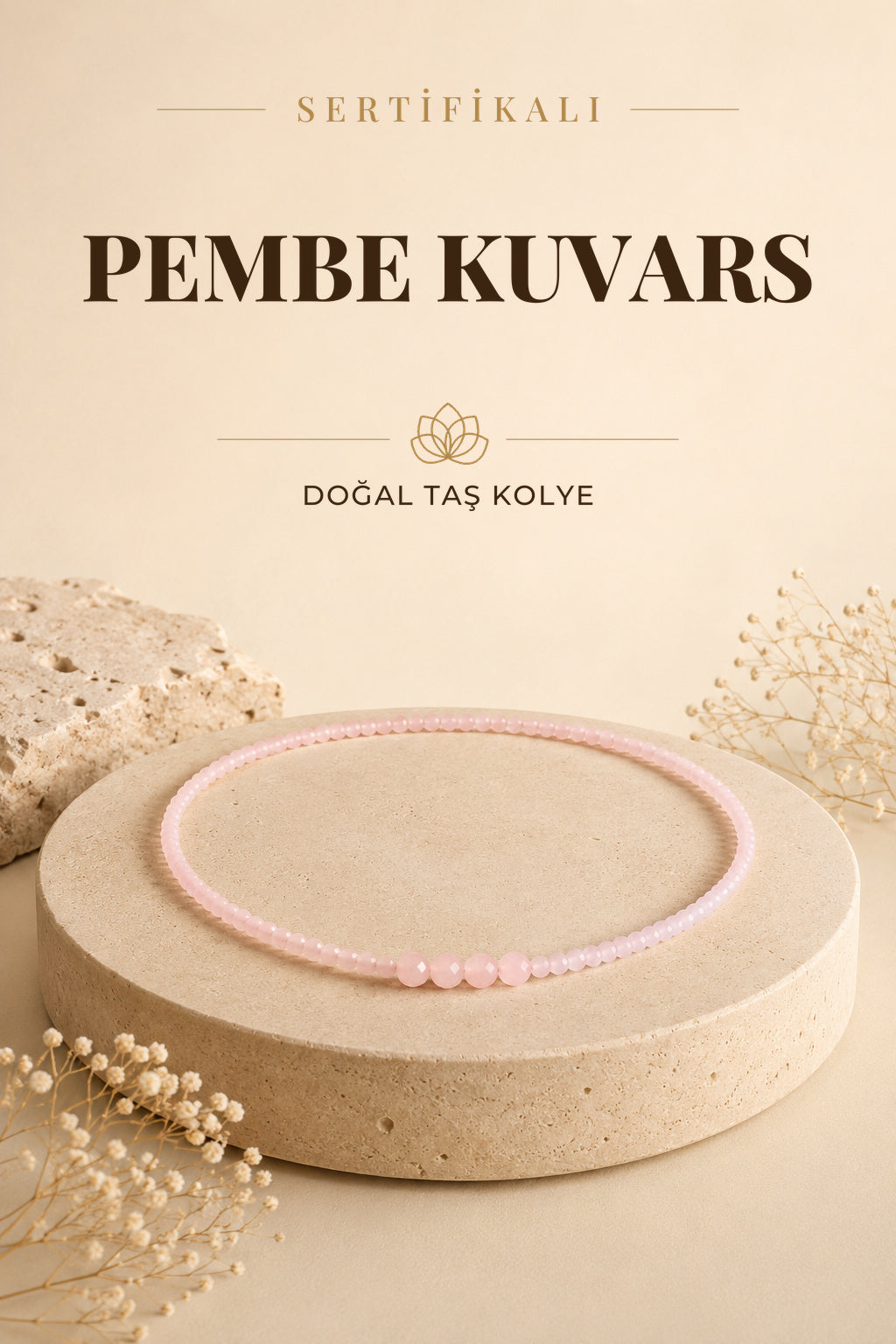 Sertifikalı Pembe Kuvars Doğal Taş Kolye