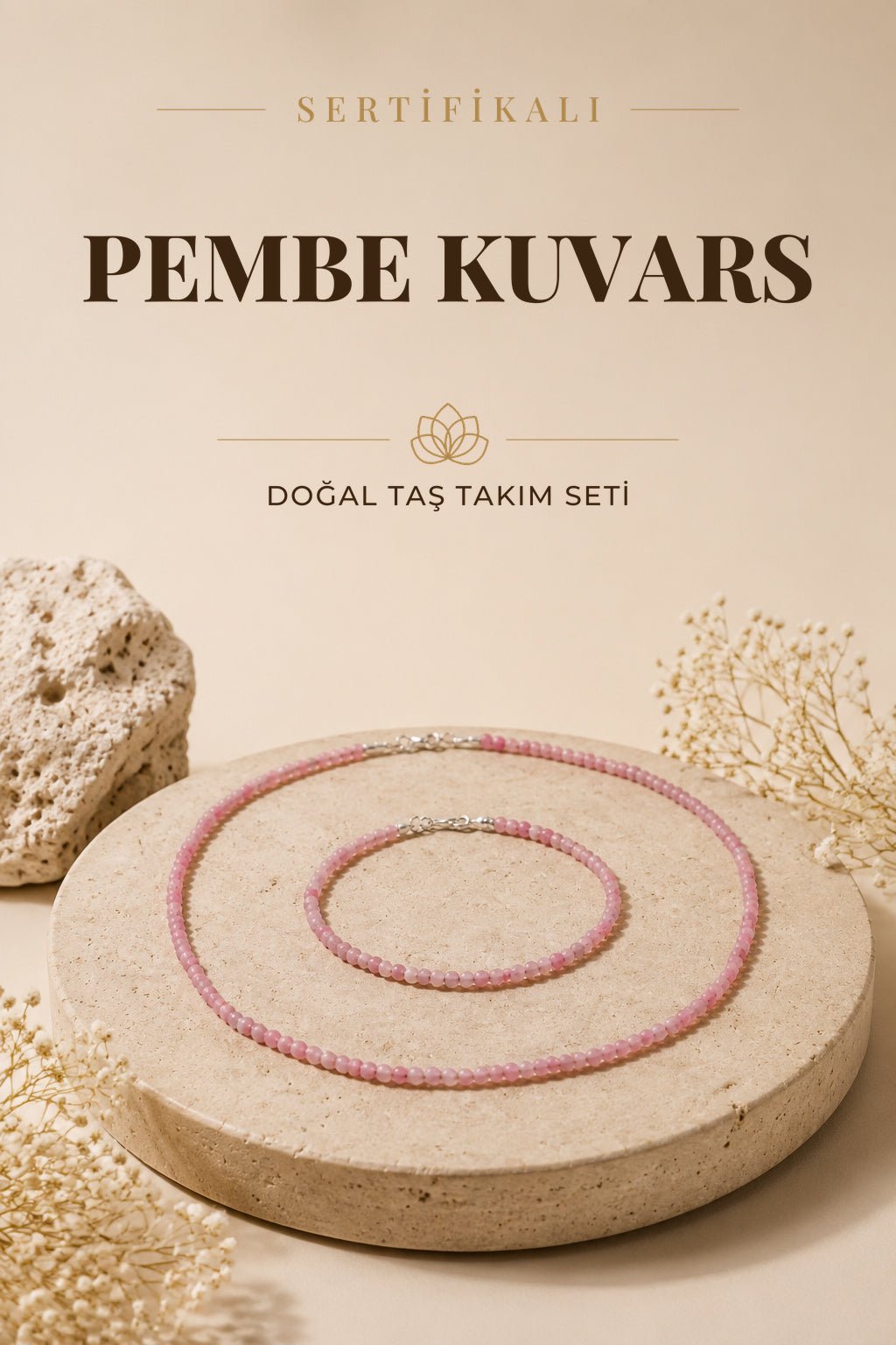 Sertifikalı Pembe Kuvars Doğal Taş Kolye&Bileklik Seti