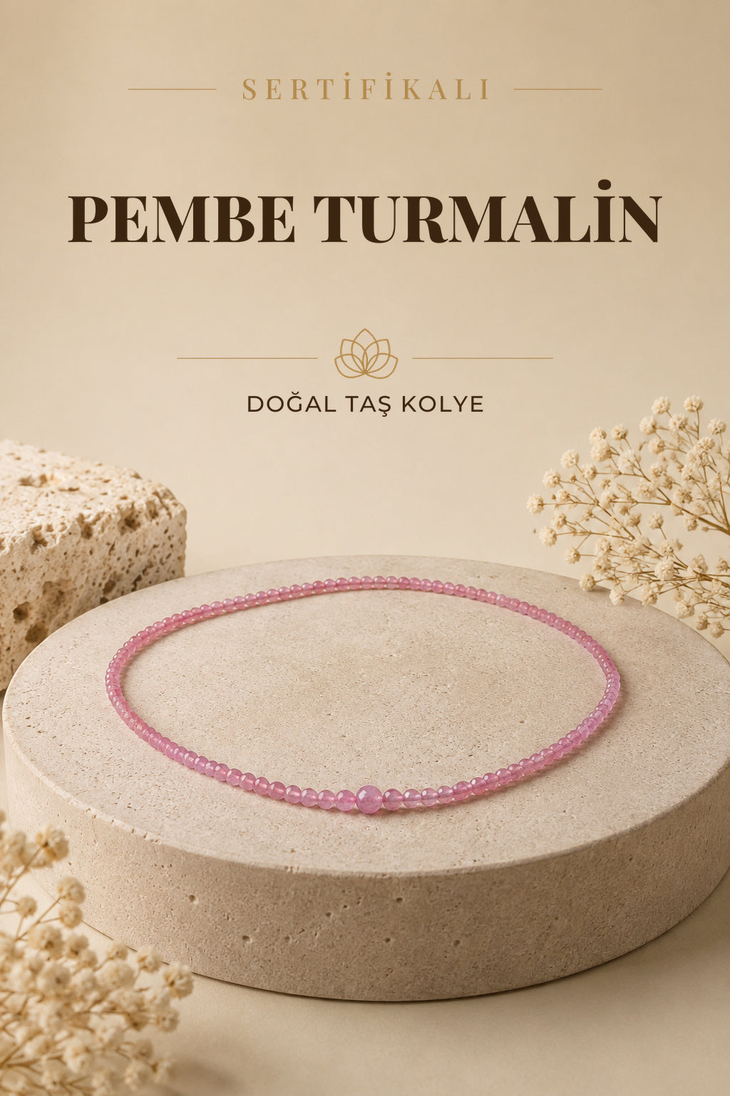 Sertifikalı Pembe Turmalin Doğal Taş Kolye