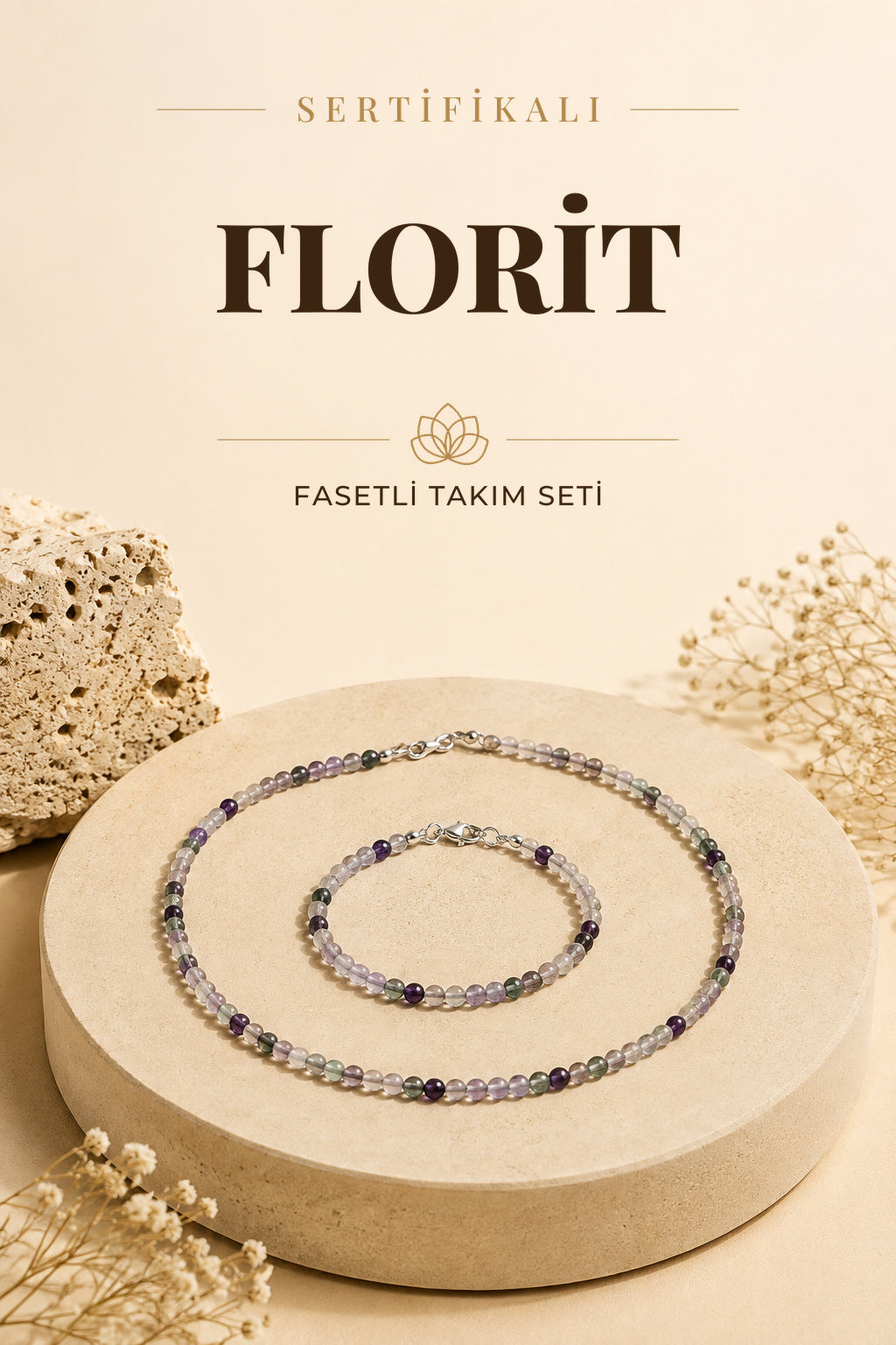 Sertifikalı Doğal Florit 3-4 mm Fasetli Kesim Kolye ve Bileklik Seti
