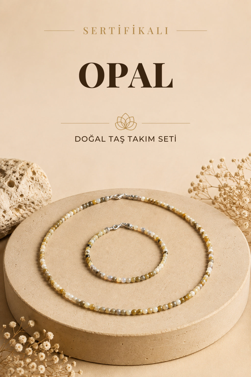Sertifikalı Opal Doğal Taşı Kolyeli Bileklik Seti