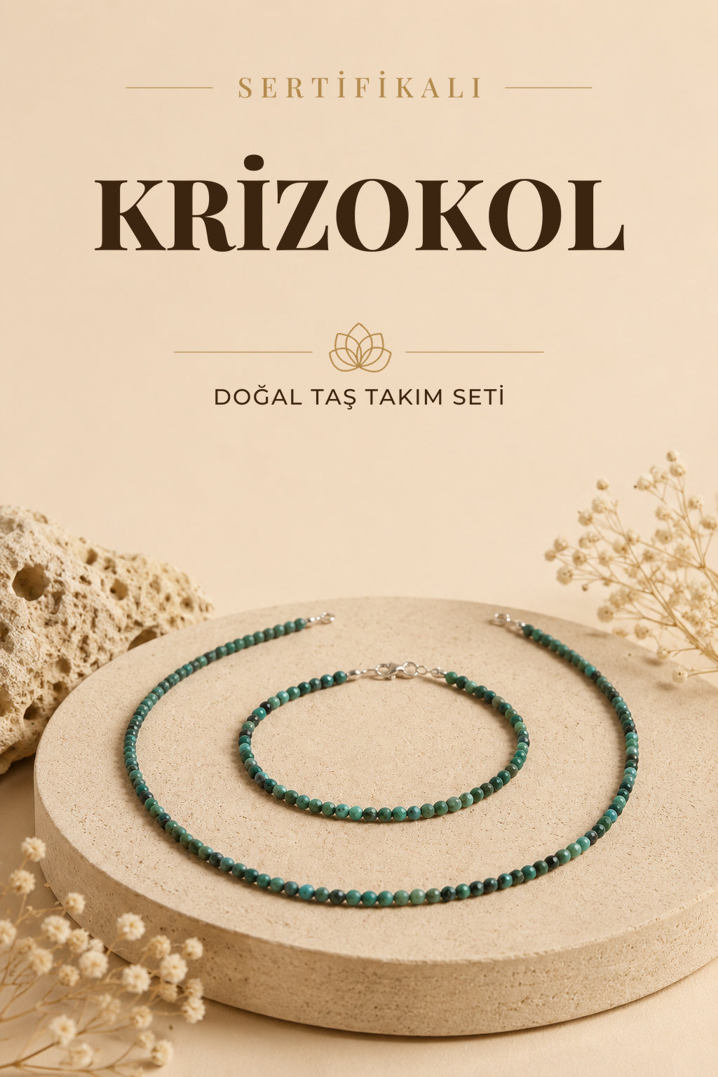 Sertifikalı Krizokol Doğal Taş Kolyeli Bileklik Seti – Duygusal Denge ve Huzur
