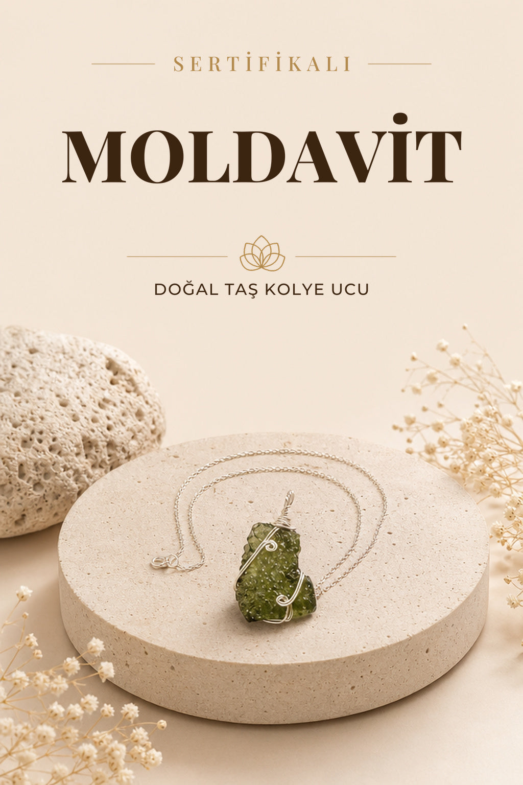 Uluslar Arası Sertifikalı Moldavit Gümüş Sarmallı Kolye Ucu