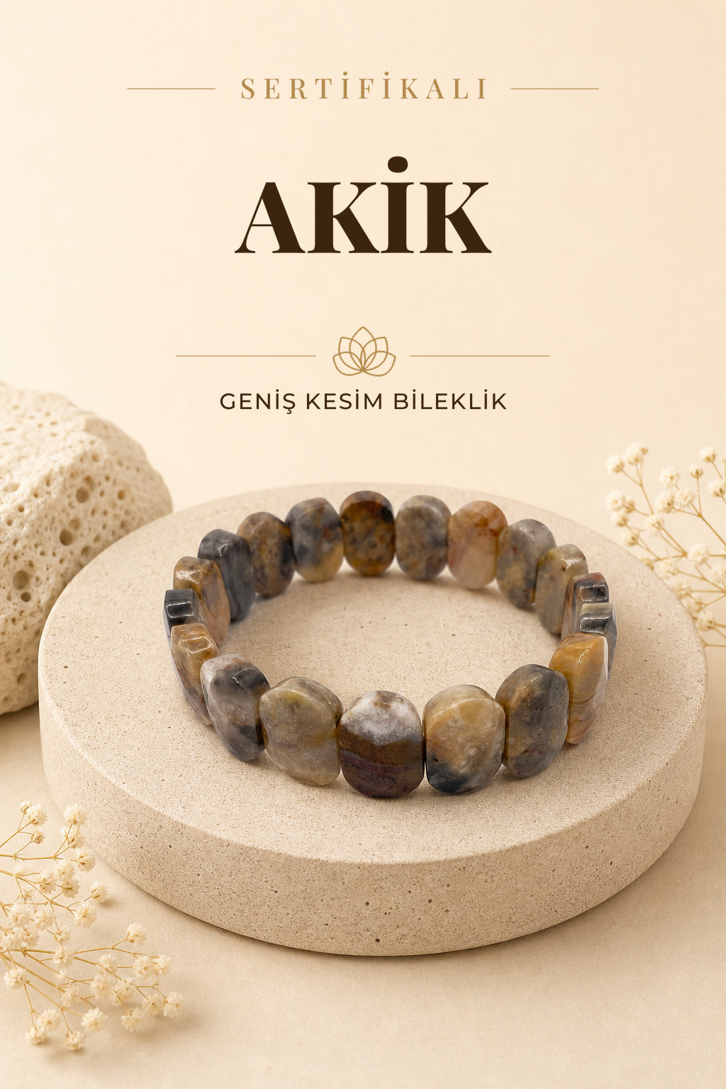 Sertifikalı Hakiki Orijinal Akik Taş Geniş Kesim Bileklik 1. Sınıf Kalite