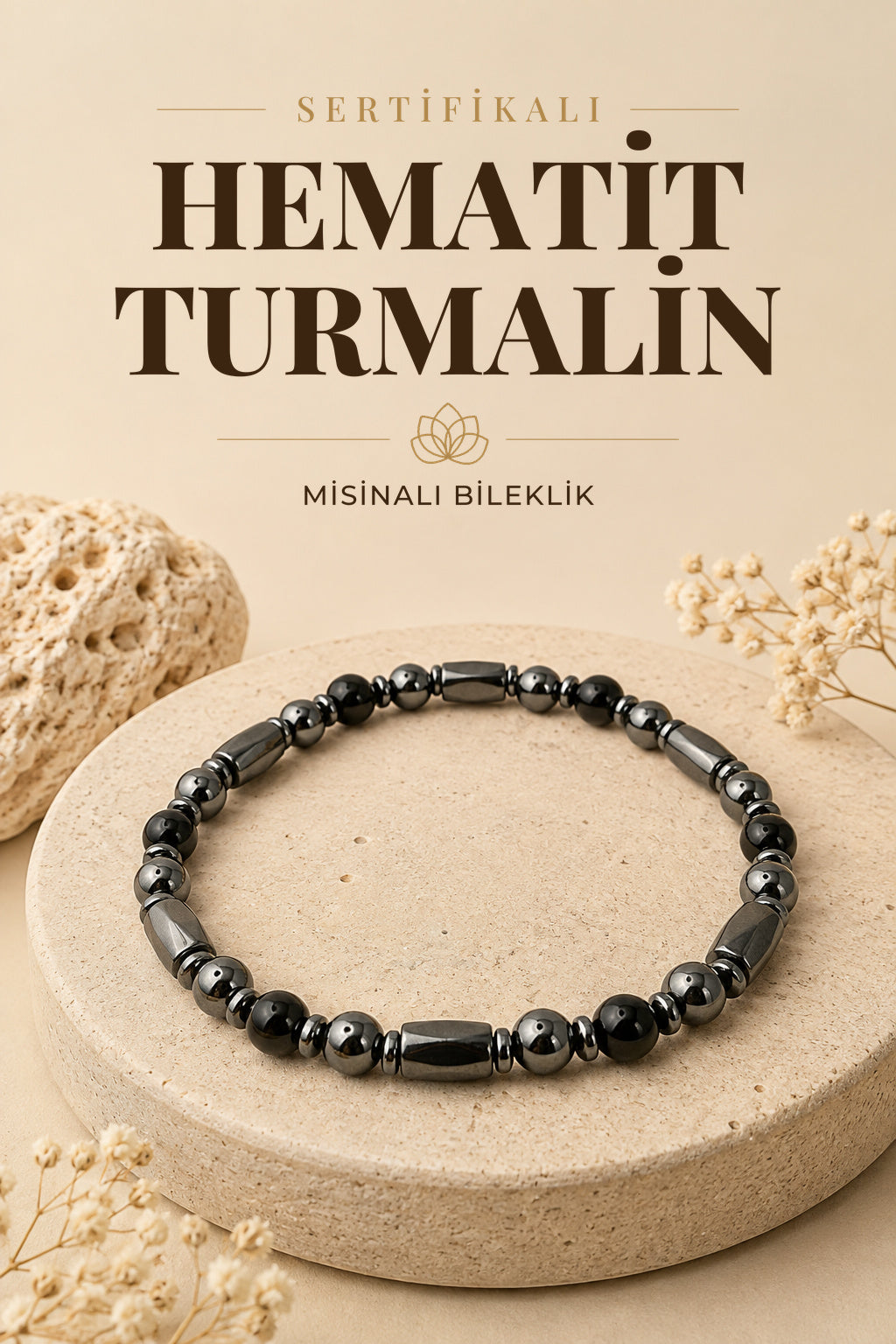Sertifikalı Hakiki Orijinal Manyetikli Hematit - Hematit - Turmalin Doğal Taş Misinalı Bileklik