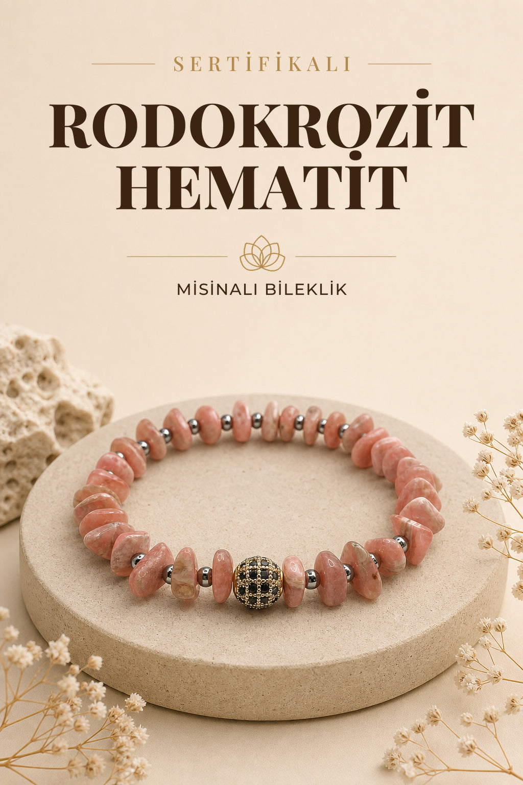 Sertifikalı Hakiki Orijinal Rodokrosit Rondel Kesim - Hematit Doğal Taş Misinalı Bileklik