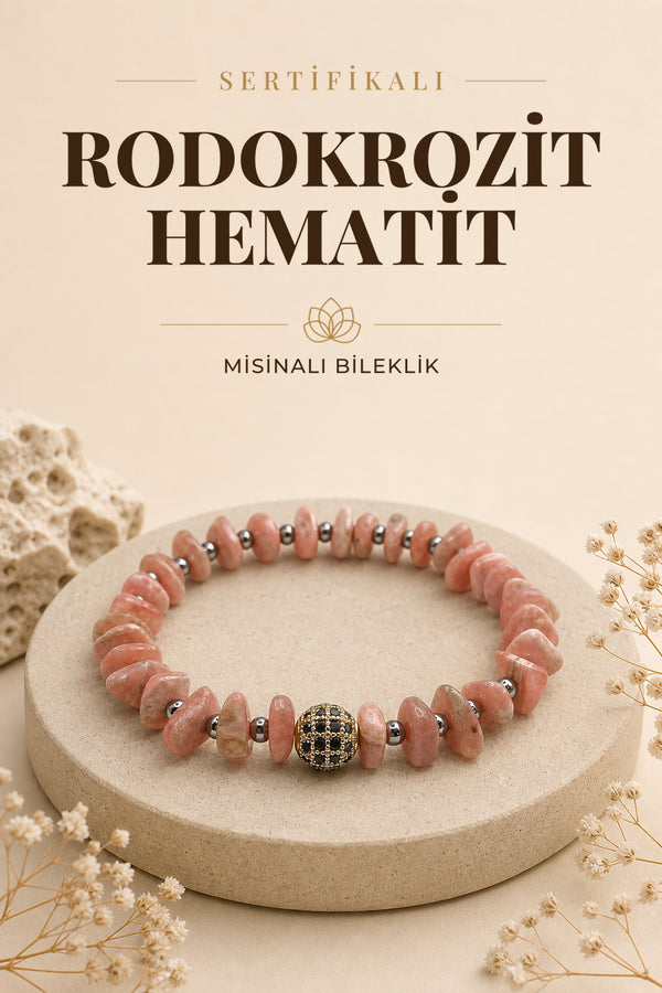 Sertifikalı Hakiki Orijinal Rodokrosit Rondel Kesim - Hematit Doğal Taş Misinalı Bileklik