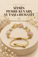 Sertifikalı Hakiki Sitrin-pembe Kuvars-ay Taşı-hematit Doğal Taş Ipli Merdiven Kapama Bileklik