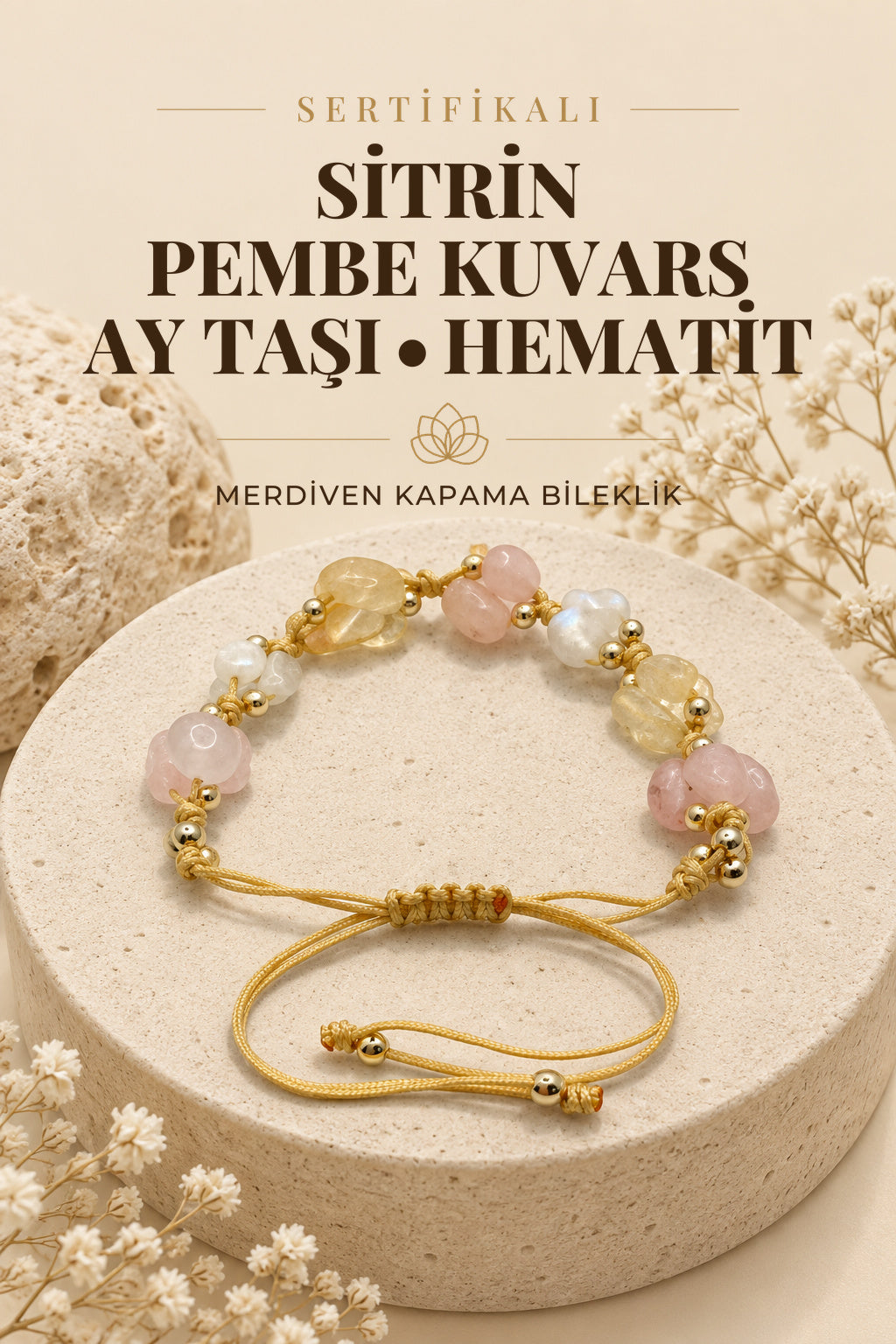 Sertifikalı Hakiki Sitrin-pembe Kuvars-ay Taşı-hematit Doğal Taş Ipli Merdiven Kapama Bileklik